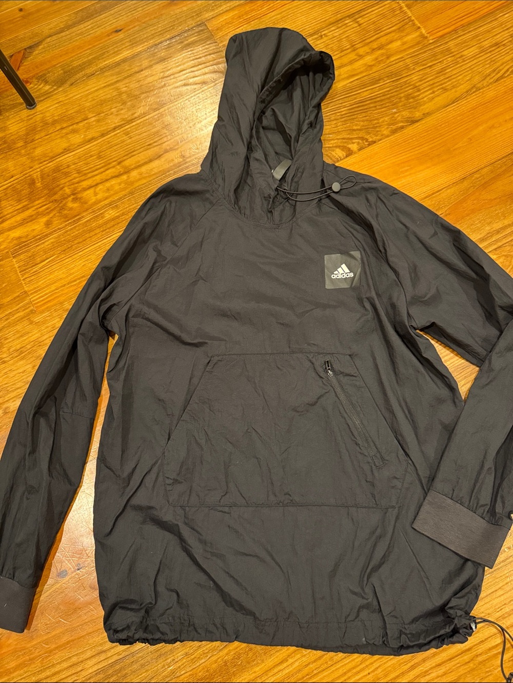 adidas Black Hooded Windbreaker Pullover with Logo Patch